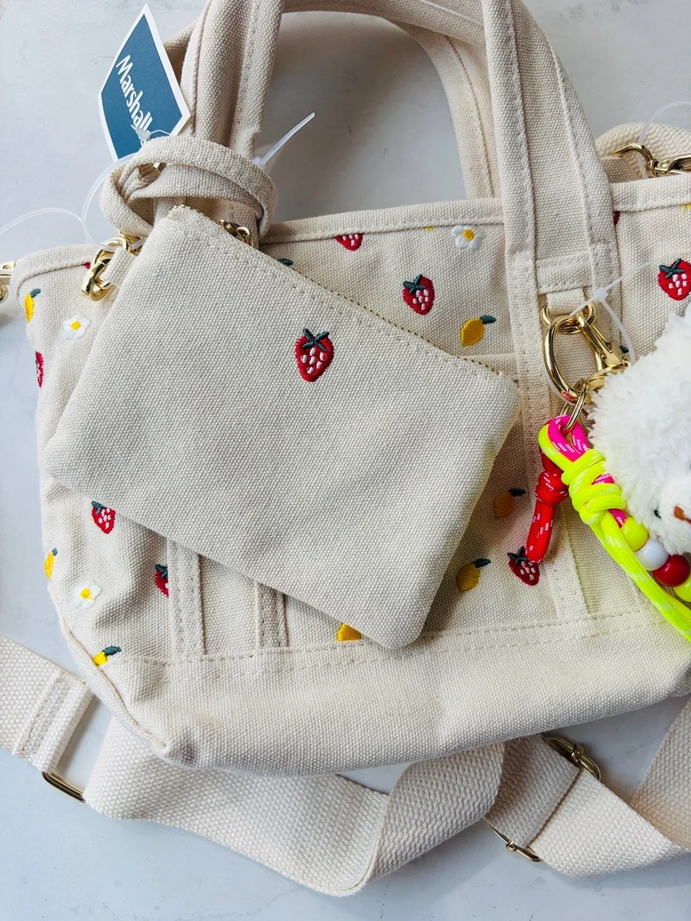 NWT Madden Girl Embroidered Canvas Mini Tote with Bag Charms, Strawberry & Lemon